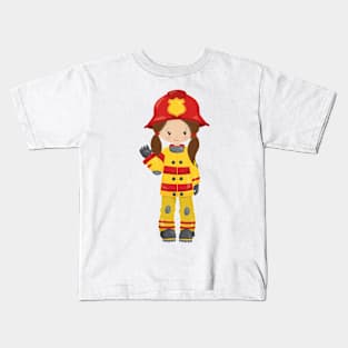 Girl Fireman, Female Firefighter, Brown Hair Kids T-Shirt